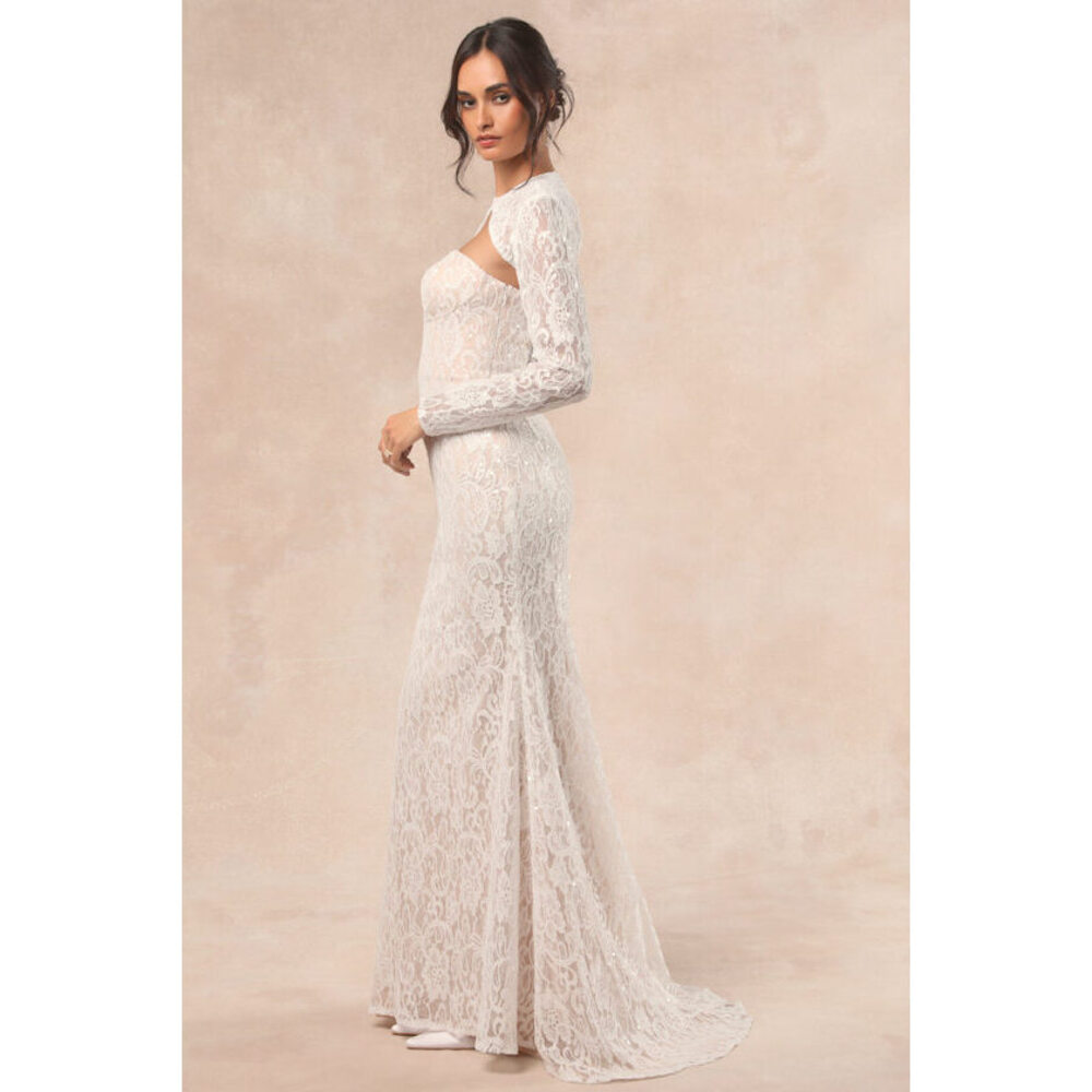 Lulus Neska White And Beige Lace Maxi Dress And Shrug Set - Size S